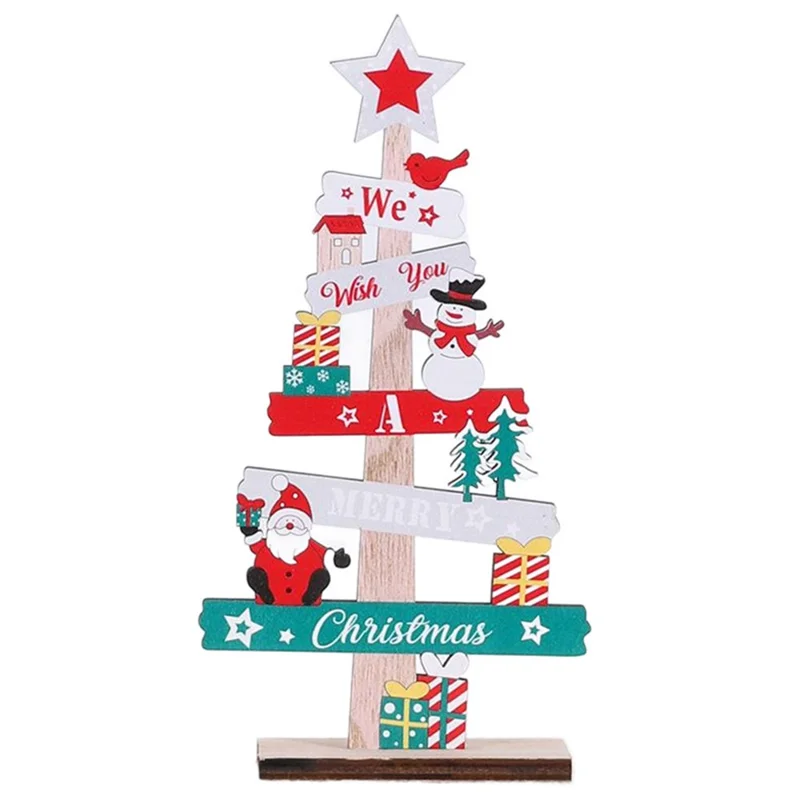 English Letters Wooden Board Tree Christmas Decoration Lovely Xmas Desktop Ornament - Santa Claus and Snowman