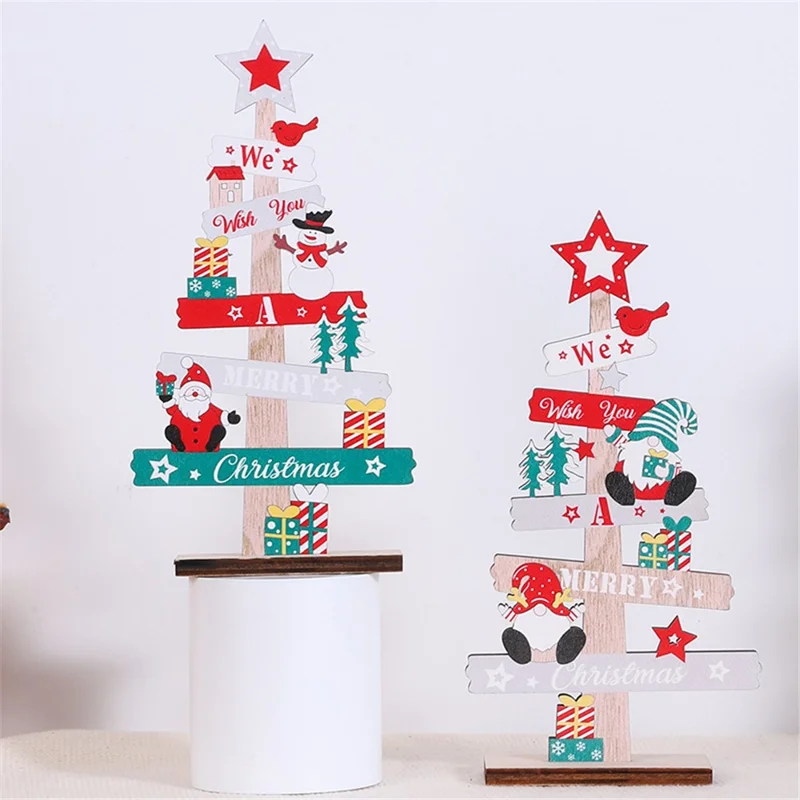 English Letters Wooden Board Tree Christmas Decoration Lovely Xmas Desktop Ornament - Santa Claus and Snowman