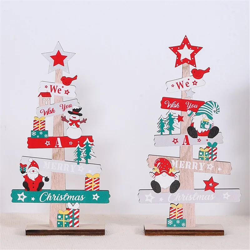 English Letters Wooden Board Tree Christmas Decoration Lovely Xmas Desktop Ornament - Santa Claus and Snowman