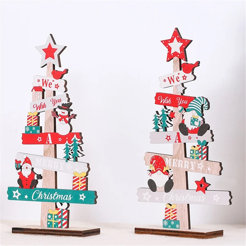 English Letters Wooden Board Tree Christmas Decoration Lovely Xmas Desktop Ornament - Santa Claus and Snowman