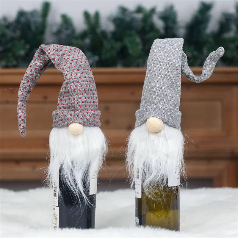 Long Hat Christmas Faceless Doll Wine Bottle Cover Knitted Sleeve Xmas Gift - Red+Grey