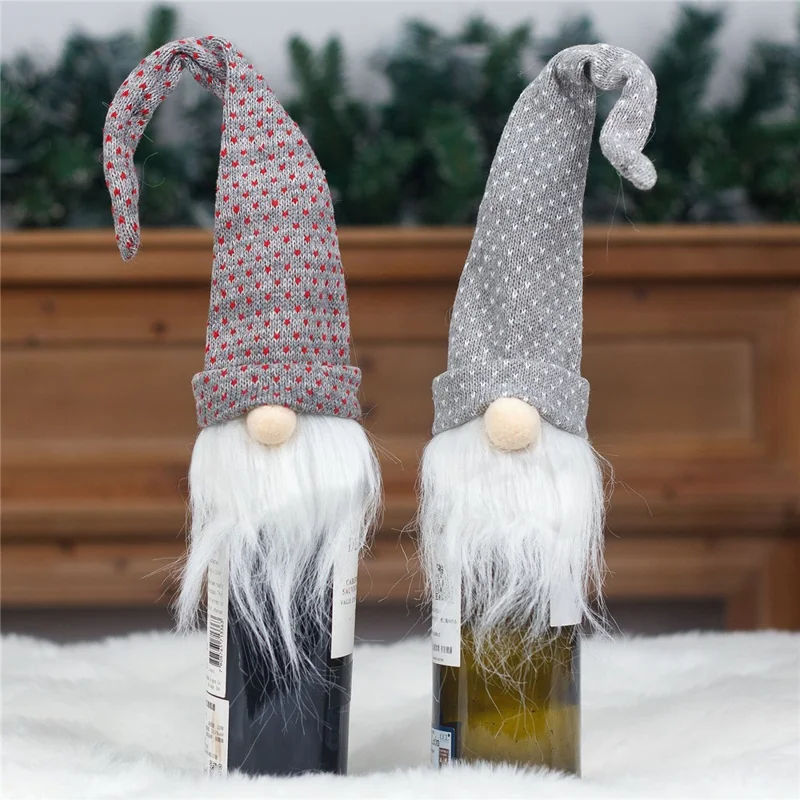 Long Hat Christmas Faceless Doll Wine Bottle Cover Knitted Sleeve Xmas Gift - Red+Grey