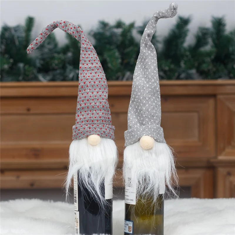 Long Hat Christmas Faceless Doll Wine Bottle Cover Knitted Sleeve Xmas Gift - Red+Grey