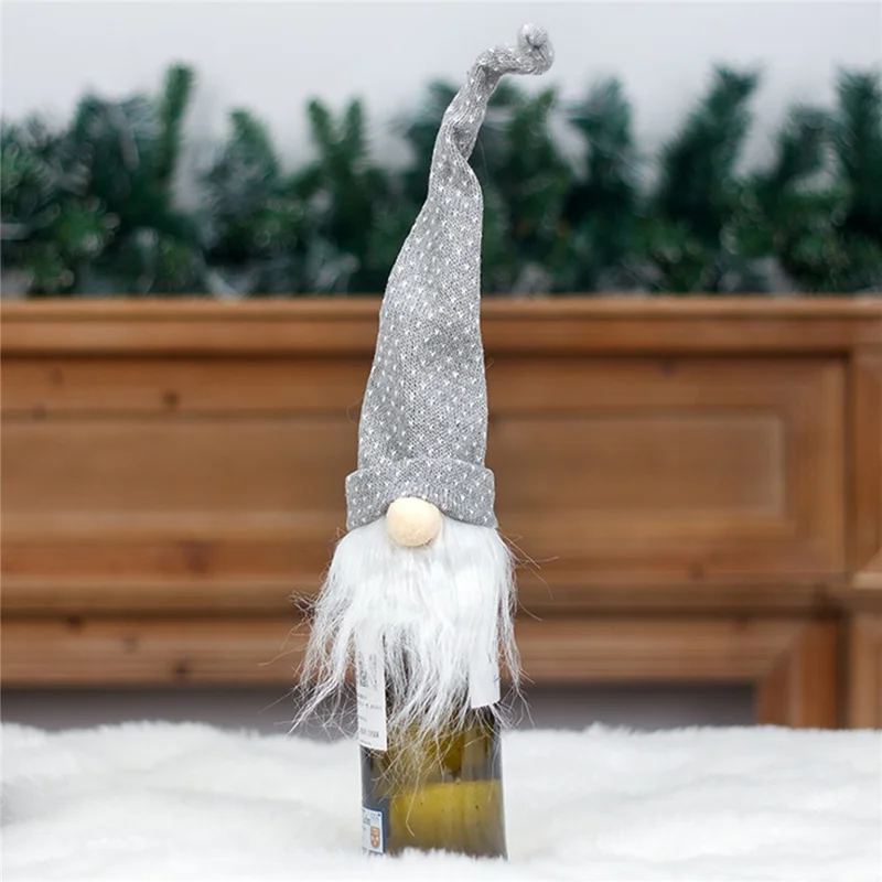 Long Hat Christmas Faceless Doll Wine Bottle Cover Knitted Sleeve Xmas Gift - Red+Grey