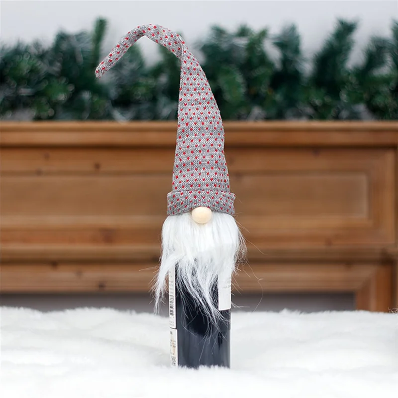 Long Hat Christmas Faceless Doll Wine Bottle Cover Knitted Sleeve Xmas Gift - Red+Grey