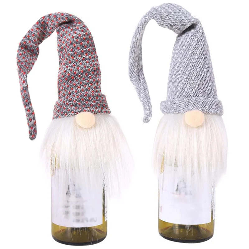 Long Hat Christmas Faceless Doll Wine Bottle Cover Knitted Sleeve Xmas Gift - Red+Grey