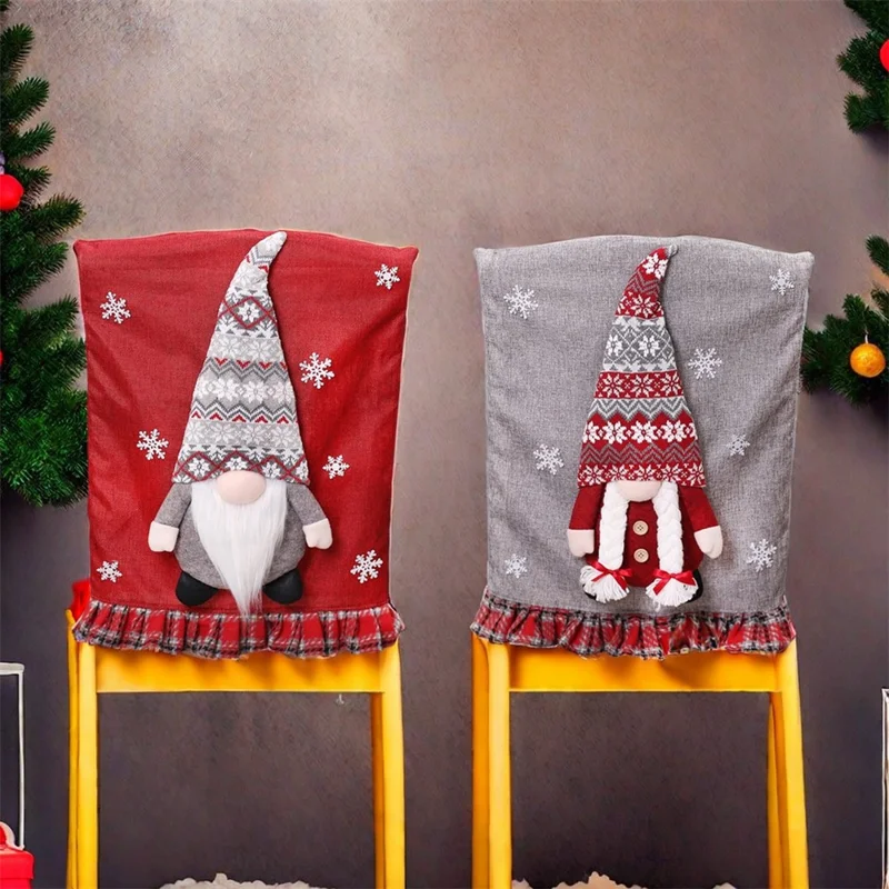 Juletidsløs dukke spisestolsdækkelæder elastisk ryggeslipsdækkel Xmas gave festdekoration - Grå dukke