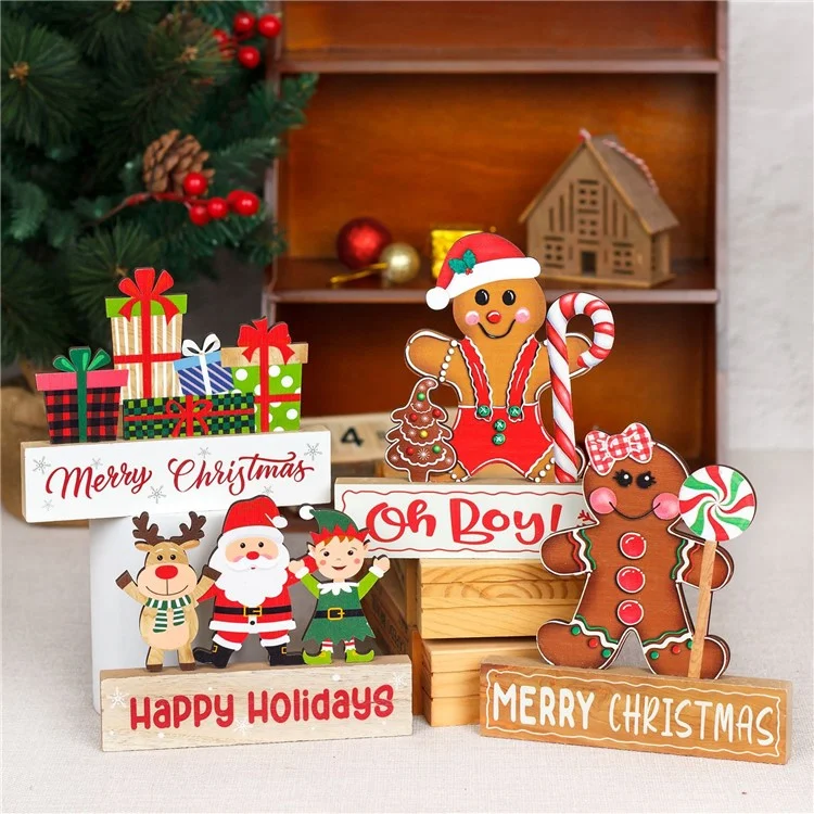 Adorno de Mesa de Navidad de Madera Gingerbread Man Santa Claus Festival Decoration - Cane+Gingerbread Man