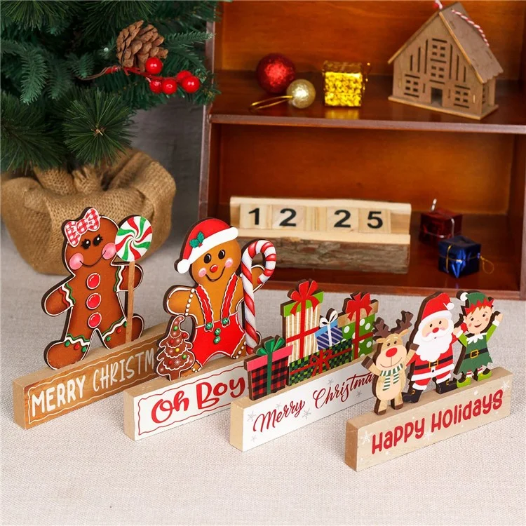 Adorno de Mesa de Navidad de Madera Gingerbread Man Santa Claus Festival Decoration - Cane+Gingerbread Man
