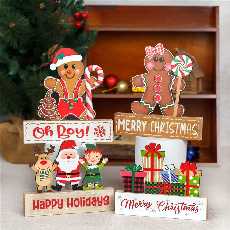 Adorno de Mesa de Navidad de Madera Gingerbread Man Santa Claus Festival Decoration - Cane+Gingerbread Man