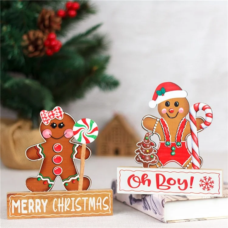 Adorno de Mesa de Navidad de Madera Gingerbread Man Santa Claus Festival Decoration - Cane+Gingerbread Man