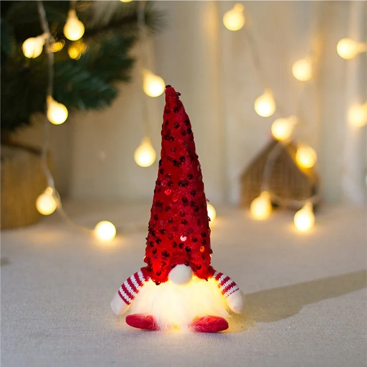 Christmas Sequined Gnome Ornament LED Glowing Faceless Doll Decoration Xmas Gift - Red