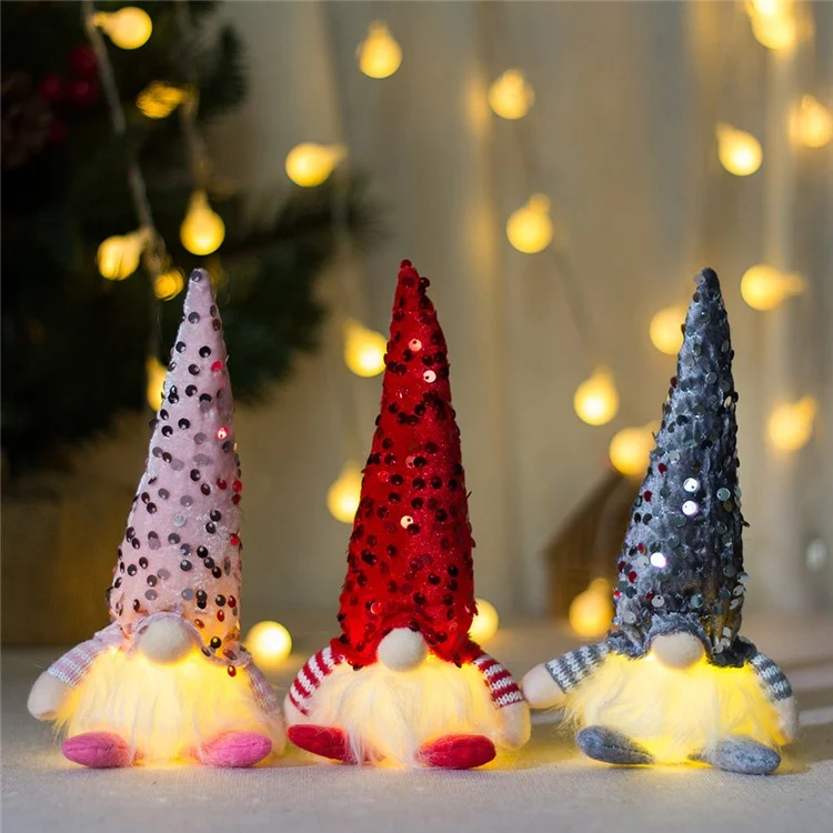 Christmas Sequined Gnome Ornament LED Glowing Faceless Doll Decoration Xmas Gift - Red
