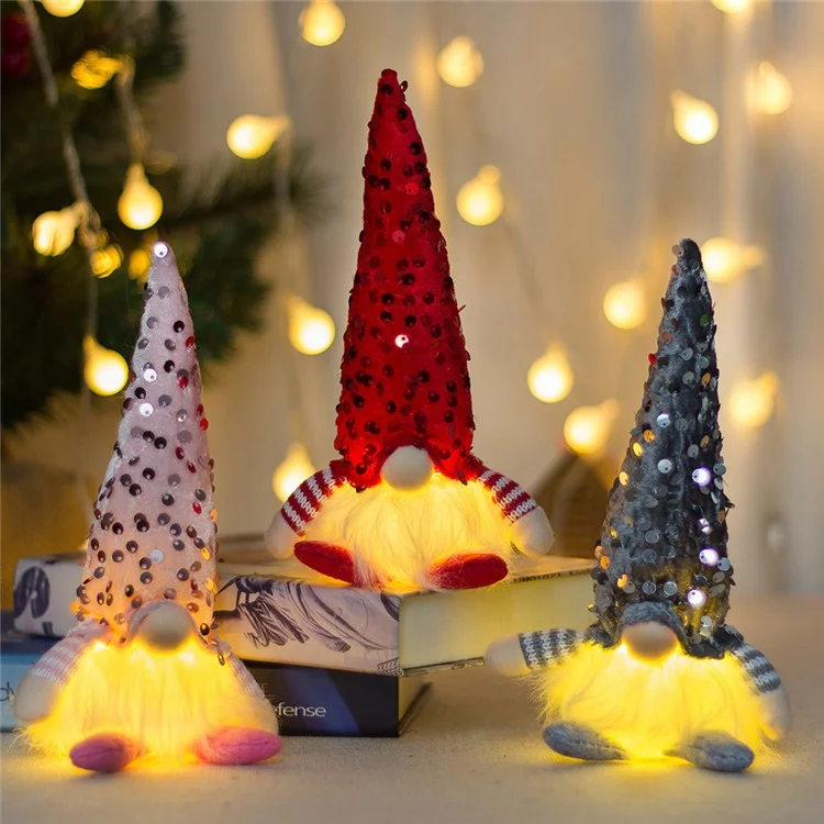 Christmas Sequined Gnome Ornament LED Glowing Faceless Doll Decoration Xmas Gift - Red