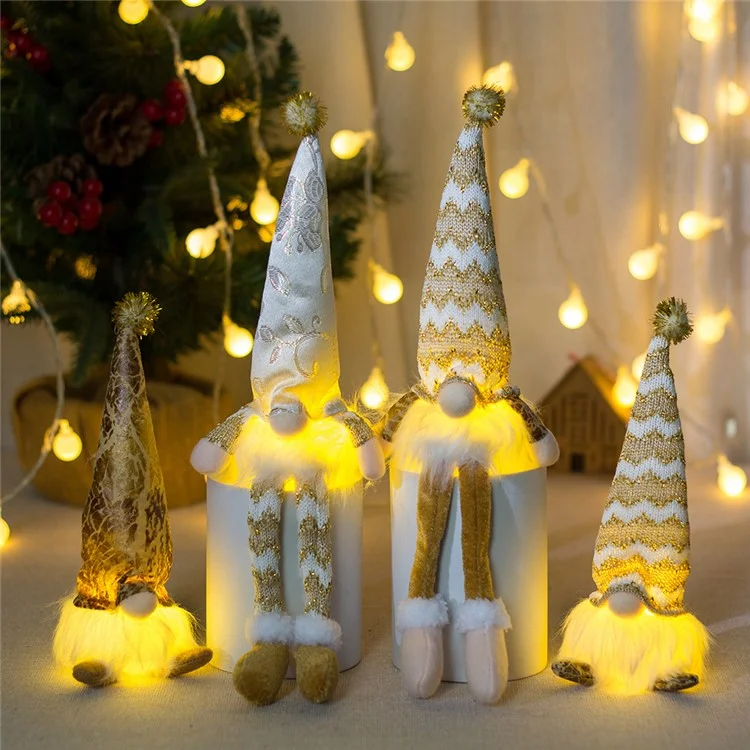 Lacquered Christmas Faceless Doll Long Leg Gnome Ornament LED Glowing Decoration Xmas Gift - Floral Cloth Hat