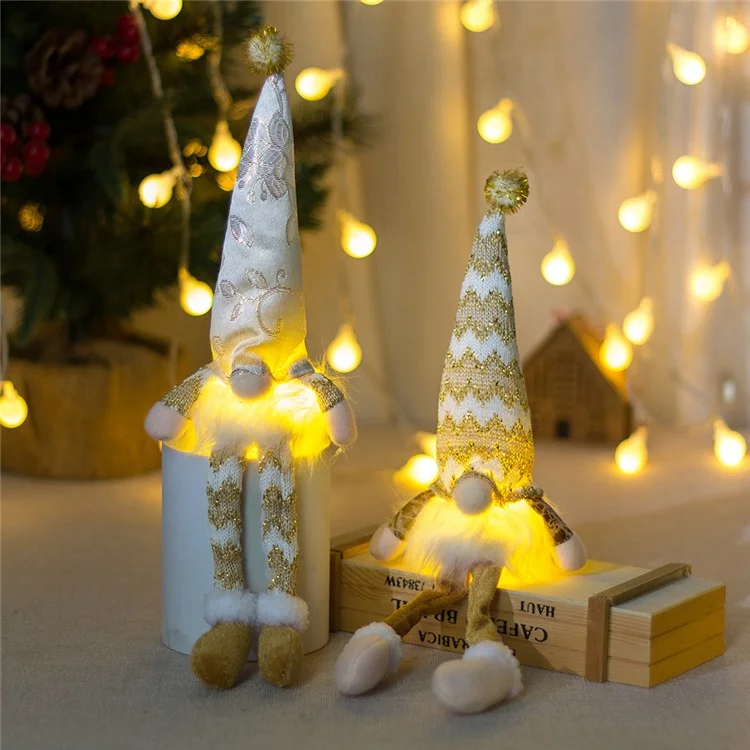 Lacquered Christmas Faceless Doll Long Leg Gnome Ornament LED Glowing Decoration Xmas Gift - Floral Cloth Hat