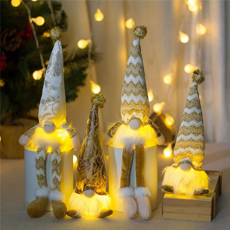Lacquered Christmas Faceless Doll Long Leg Gnome Ornament LED Glowing Decoration Xmas Gift - Floral Cloth Hat