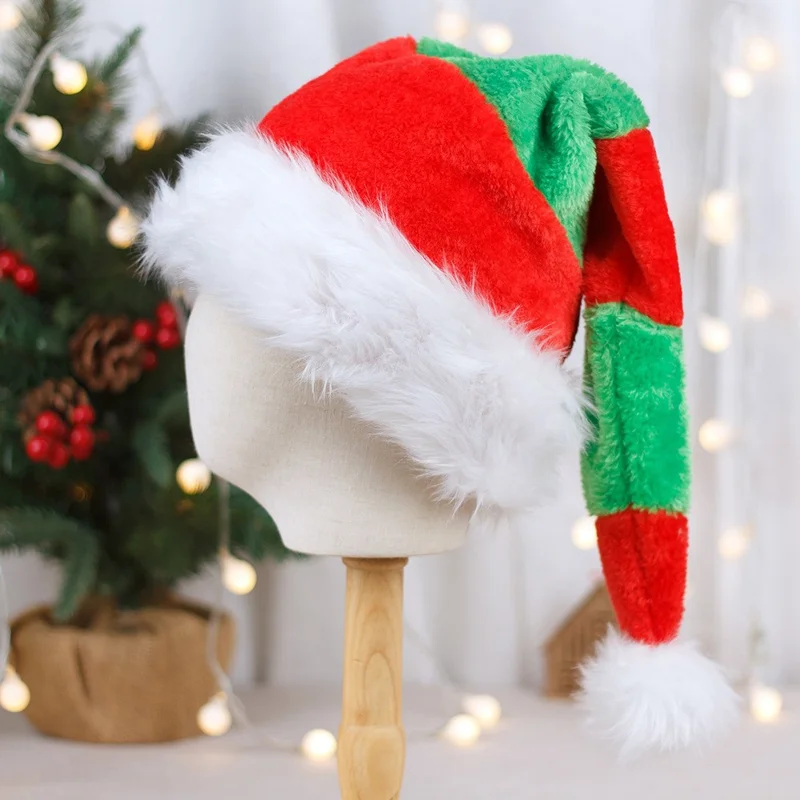 Red and Green Striped Christmas Hat with Pompom Decor Festive Holiday Gift Headwear