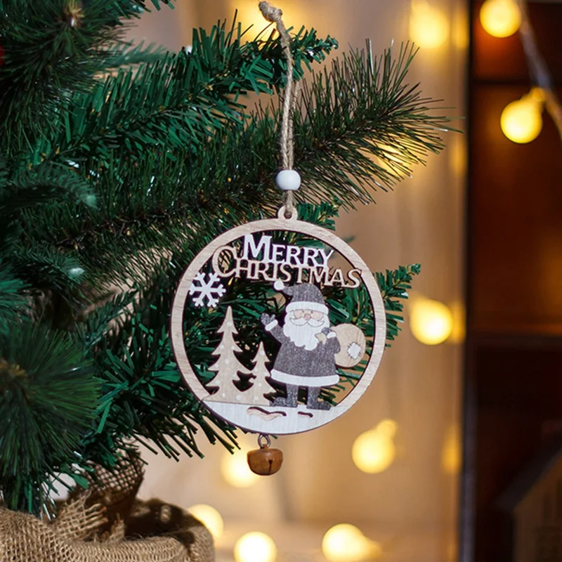 Vintage Enfeite de Natal de Árvore de Natal de Madeira Oca com Sino - Papai Noel com Saco