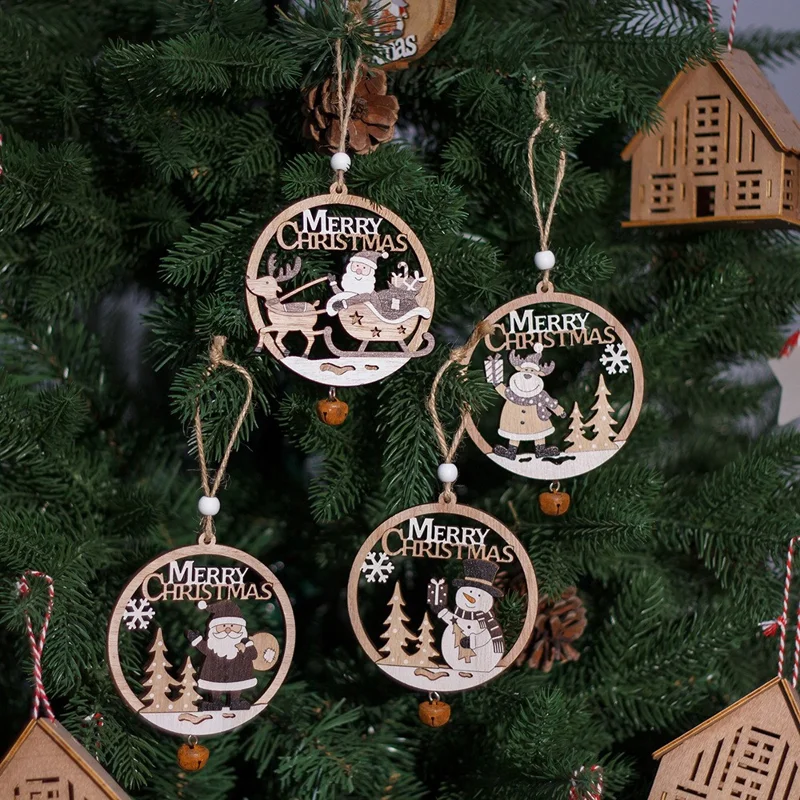 Vintage Enfeite de Natal de Árvore de Natal de Madeira Oca com Sino - Papai Noel com Saco