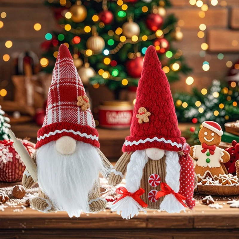 Christmas Faceless Doll with Knitted Hat Xmas Gift Gnome Tabletop Ornament - Braids