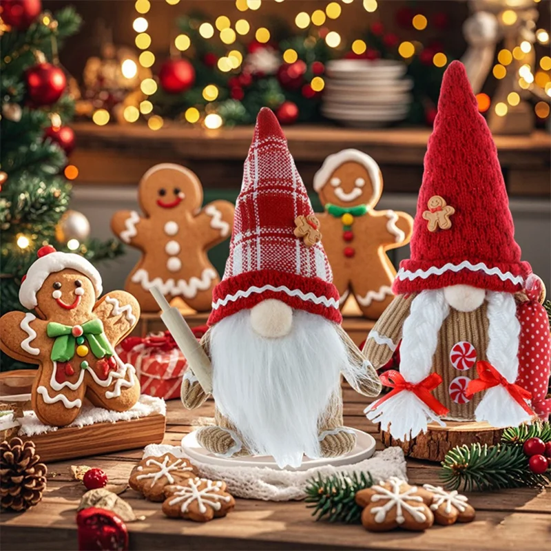 دمية عيد الميلاد بدون وجه مع قبعة محبوكة هدية عيد الميلاد تمثال زينة للطاولة - لحية