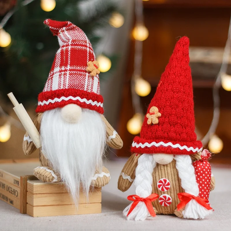 دمية عيد الميلاد بدون وجه مع قبعة محبوكة هدية عيد الميلاد تمثال زينة للطاولة - لحية