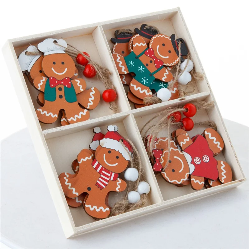 12Pcs / Box Gingerbread Man / Faceless Doll Christmas Wooden Ornaments Gift Xmas Tree Hanging Decor - Red+Green Gingerbread Man
