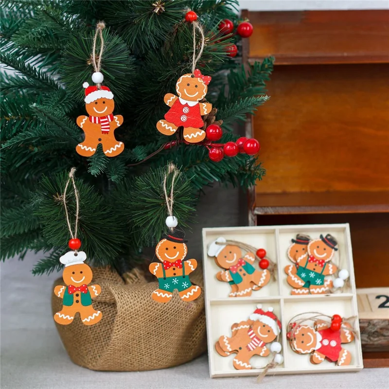 12Pcs / Box Gingerbread Man / Faceless Doll Christmas Wooden Ornaments Gift Xmas Tree Hanging Decor - Red+Green Gingerbread Man