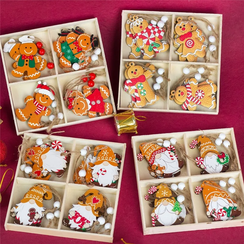 12Pcs / Box Gingerbread Man / Faceless Doll Christmas Wooden Ornaments Gift Xmas Tree Hanging Decor - Red+Green Gingerbread Man