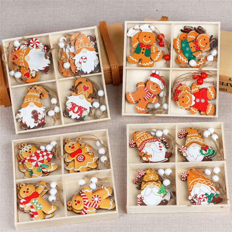 12Pcs / Box Gingerbread Man / Faceless Doll Christmas Wooden Ornaments Gift Xmas Tree Hanging Decor - Red+Green Gingerbread Man