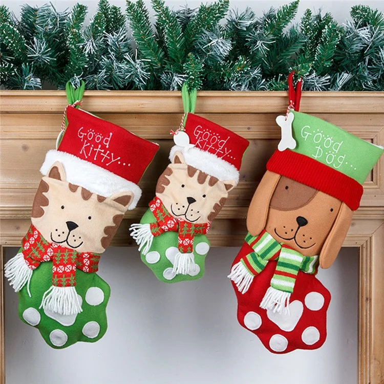 Cute Dog / Cat Christmas Stocking Festive Candy Gift Bag Xmas Tree Hanging Decoration, Size L - Dog