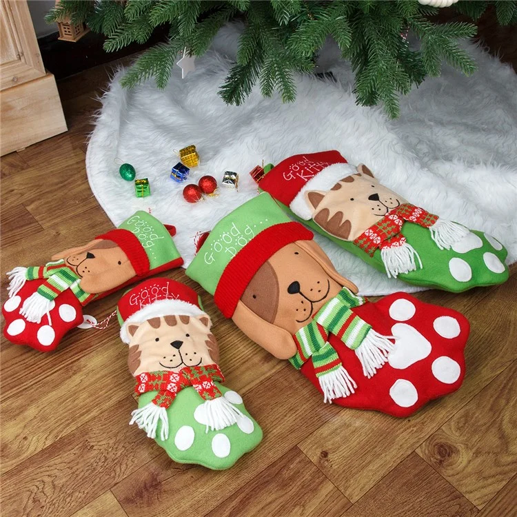 Cute Dog / Cat Christmas Stocking Festive Candy Gift Bag Xmas Tree Hanging Decoration, Size L - Dog