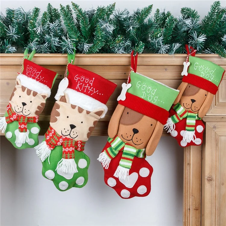 Cute Dog / Cat Christmas Stocking Festive Candy Gift Bag Xmas Tree Hanging Decoration, Size S - Dog
