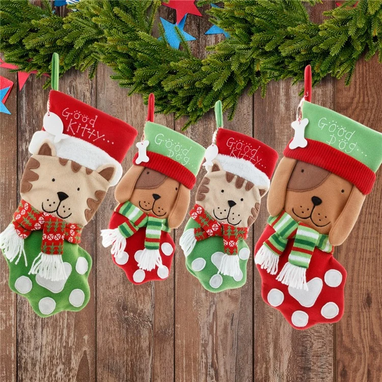 Cute Dog / Cat Christmas Stocking Festive Candy Gift Bag Xmas Tree Hanging Decoration, Size S - Dog