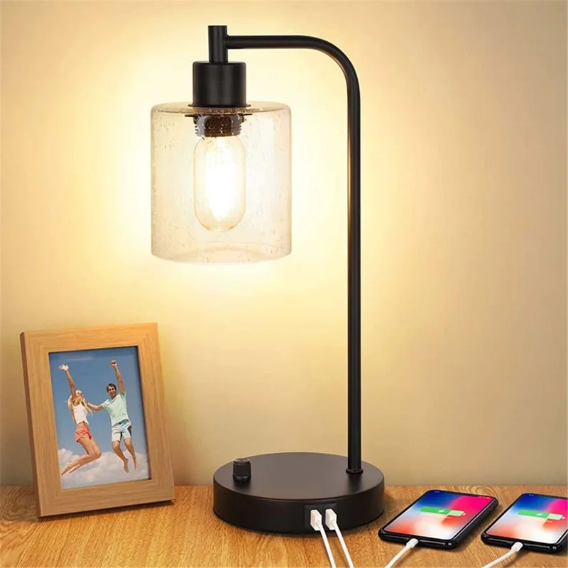 E27 Bulb Adjustable Brightness Retro Glass Table Lamp with Dual USB Ports, Textured Glass