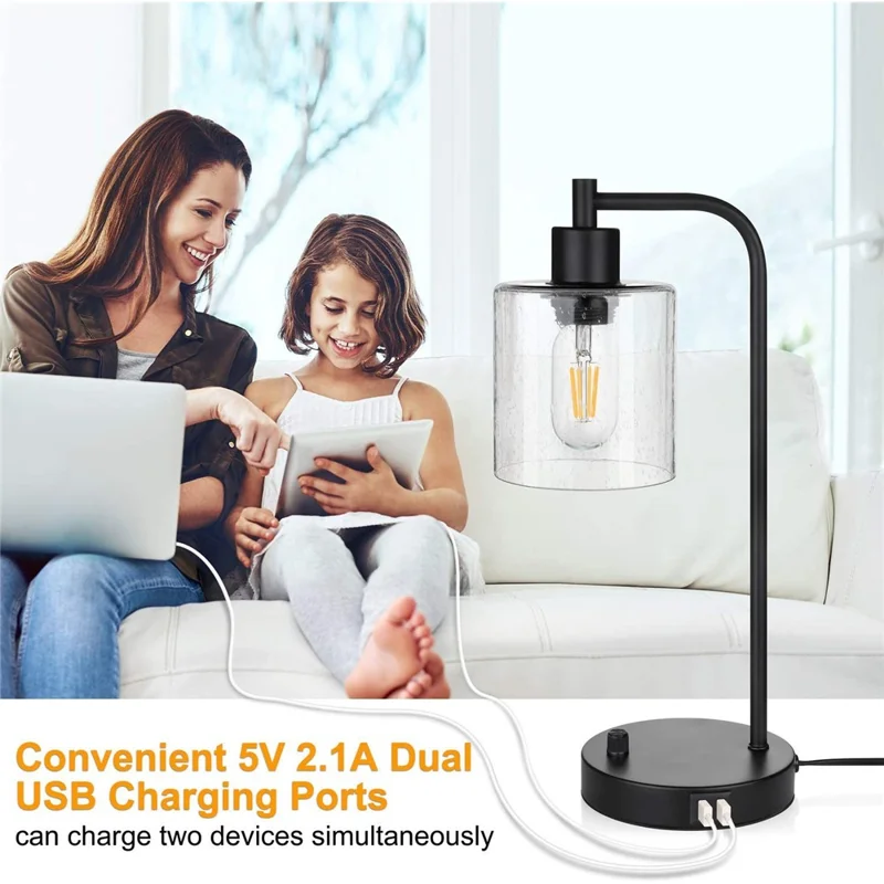 E27 Bulb Adjustable Brightness Retro Glass Table Lamp with Dual USB Ports, Textured Glass