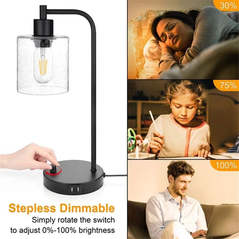 E27 Bulb Adjustable Brightness Retro Glass Table Lamp with Dual USB Ports, Textured Glass