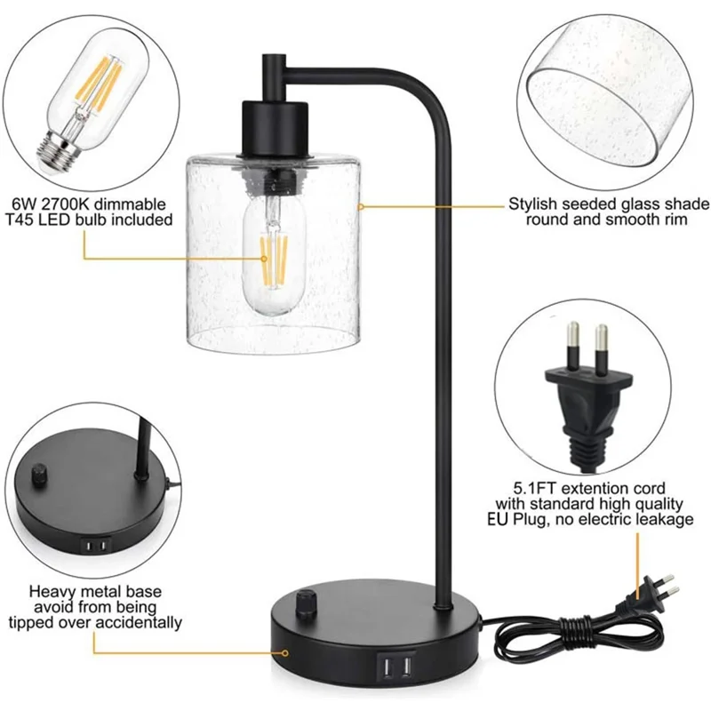 E27 Bulb Adjustable Brightness Retro Glass Table Lamp with Dual USB Ports, Textured Glass