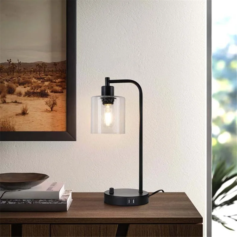 E27 Bulb Adjustable Brightness Retro Glass Table Lamp with Dual USB Ports, Textured Glass