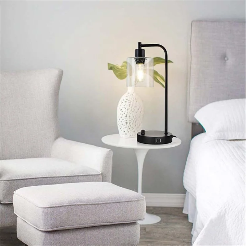 E27 Bulb Adjustable Brightness Retro Glass Table Lamp with Dual USB Ports, Textured Glass