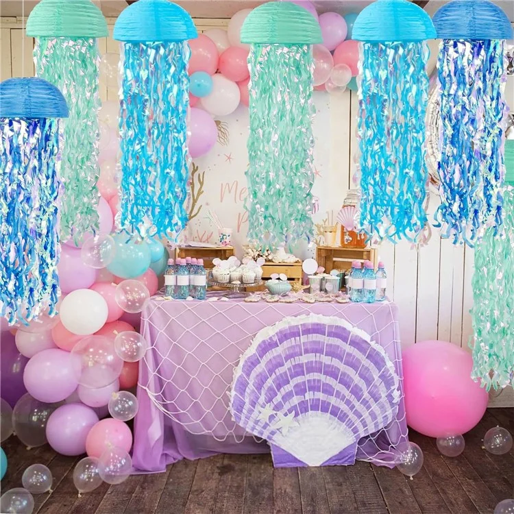 6Pcs Jellyfish Semicircular Paper Lantern Hanging Ornament Ocean Mermaid Theme Party Kids Birthday Decor - Color B