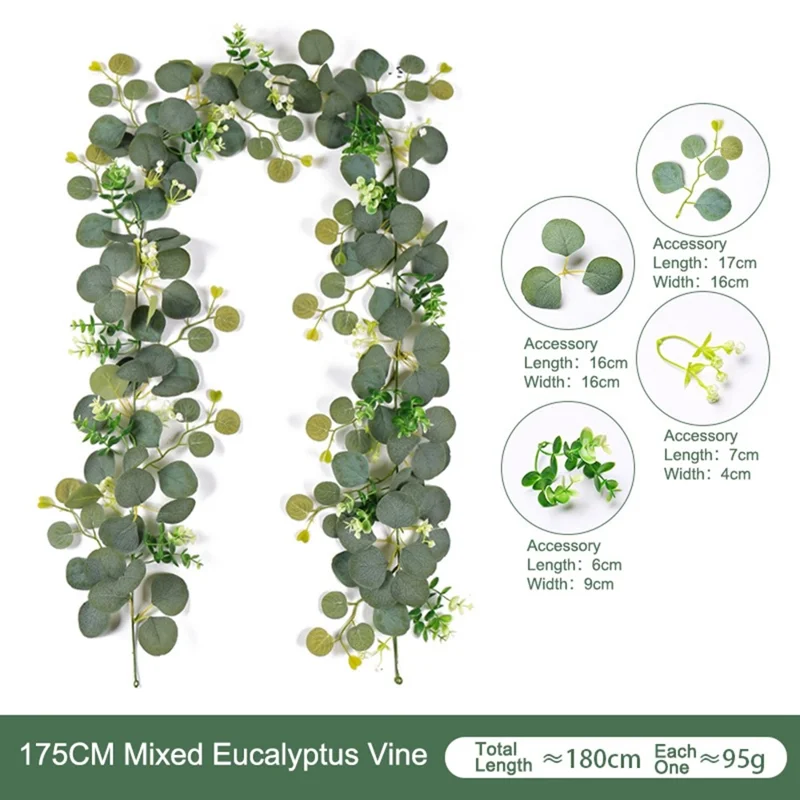 180cm Eucalyptus Leaf Vine Artificial Green Plant Realistic Vine Home Decoration