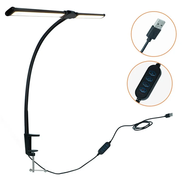 USB Powered Dual Head Reading Light Clip-On LED Desk Lamp with Adjustable Gooseneck