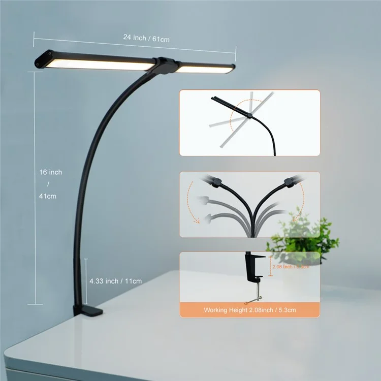 USB Powered Dual Head Reading Light Clip-On LED Desk Lamp with Adjustable Gooseneck