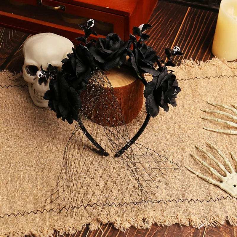 Artificial Rose Flower Mesh Headband Hair Hoop Halloween Cosplay Costume Flower Headpiece - Black