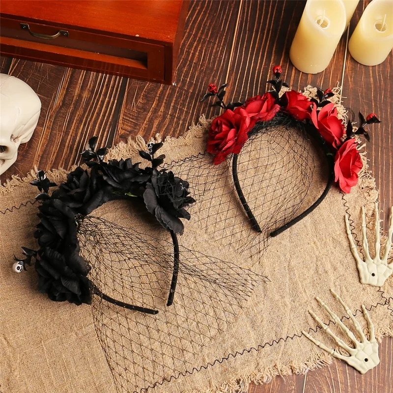Artificial Rose Flower Mesh Headband Hair Hoop Halloween Cosplay Costume Flower Headpiece - Black
