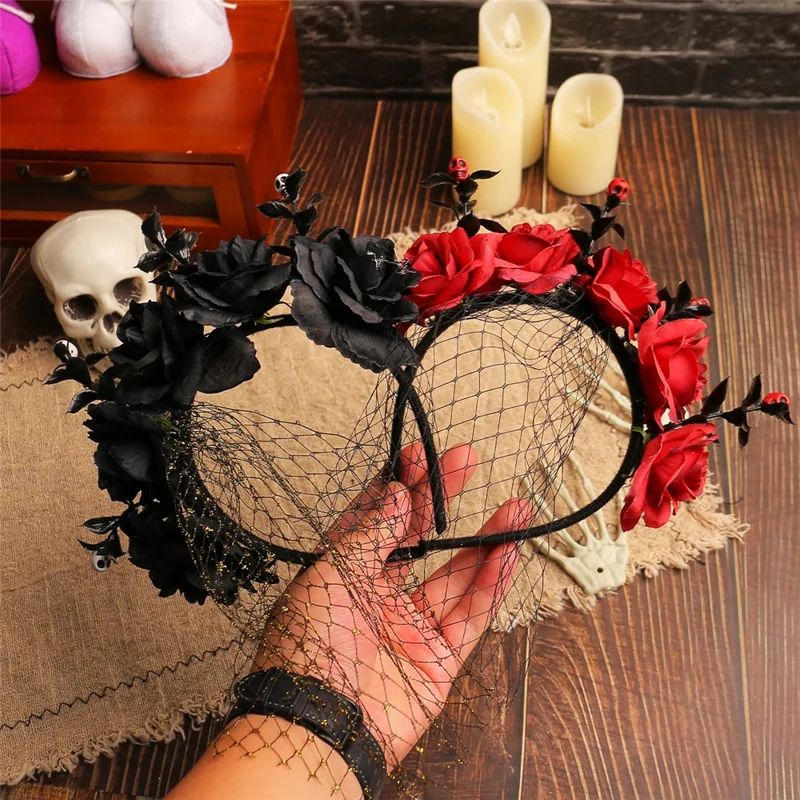 Artificial Rose Flower Mesh Headband Hair Hoop Halloween Cosplay Costume Flower Headpiece - Black