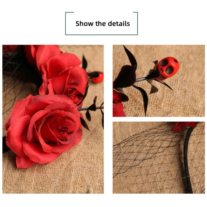 Artificial Rose Flower Mesh Headband Hair Hoop Halloween Cosplay Costume Flower Headpiece - Black