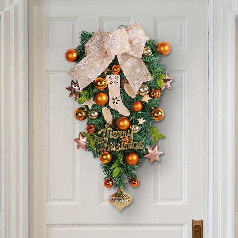 Merry Christmas Balls Bow Hanging Ornament Inverted Xmas Tree Front Door Decor Gift